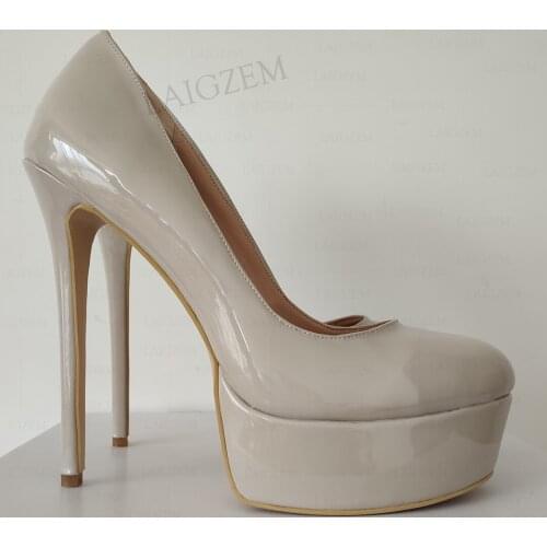 LAIGZEM Women Platform Pumps Gray Round Toe High Heels Sandals Shiny Spring Party Handmade Shoes Woman Plus Size 41 44 45 52