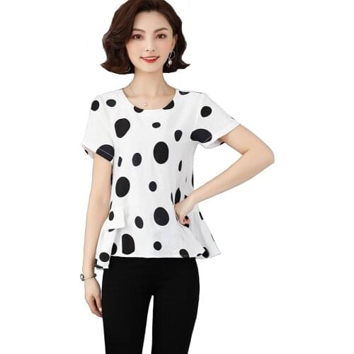 2021 Woman Summer Sweety Polka Dot Print Short Sleeves Ruffle Shirt
