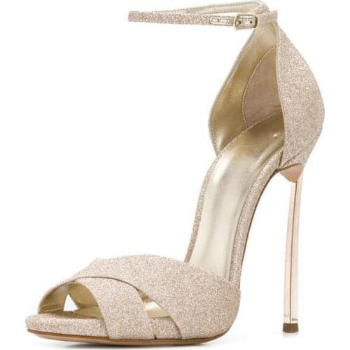 Summer new style fish mouth Roman metal heel stiletto catwalk sandals banquet dress extra large fashion sequined womens shoes