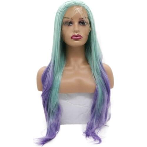 Mint Green Lace Front Wig Long Straight Mint Green to Purple Wig Synthetic Mixed Wig Heat Resistant Fiber Makeup Wigs for Women