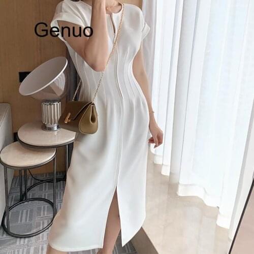 Office Lady Dress Women Elegant Temperament Short Sleeve Front Zipper Slim Waist Black White Dress 2020 Female Daily Party Wear