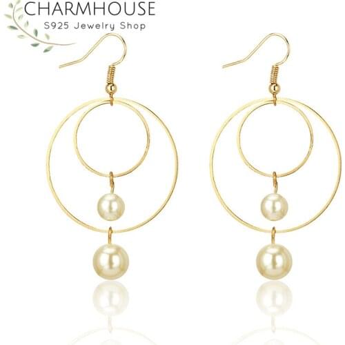 18K Gold Color Earrings For Women Double Circle Pearl Earing Brincos Pendientes Fashion Jewelry Accessories Bijoux Party Gifts