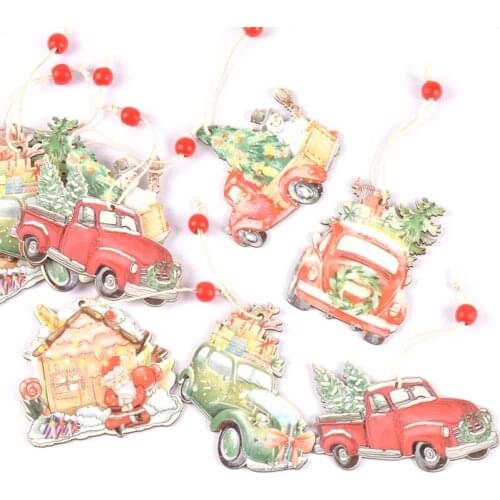 2Pcs/lot Creative Cartoon Car Christmas Wooden Pendant Hanging Ornaments Santa Claus Xmas Tree Party Home Decorations c2731