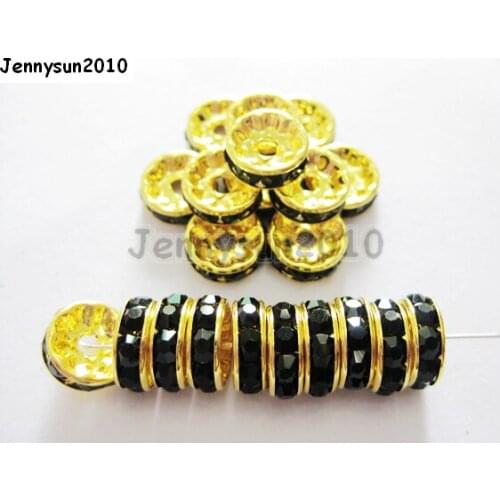 200pcs/lot 12mm Top Quality Czech Crystal Jet Black Rhinestone Pave Rondelle Metal Spacer Loose Beads Jewelry Making