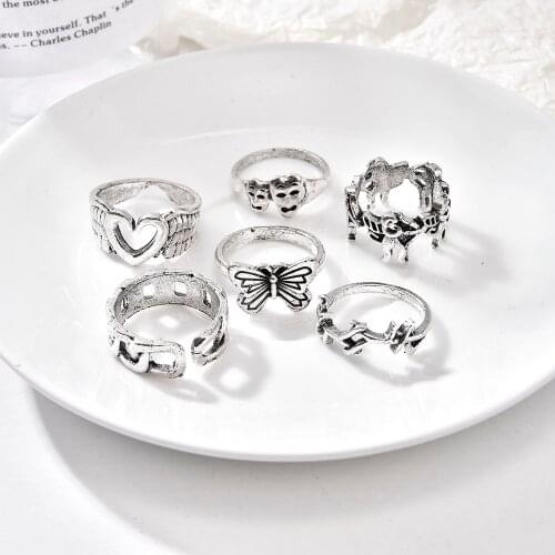 2021 Vintage Silver Plated Angel Wings Ring for Womens Gothic Punk Steampunk Heart Butterfly Skull Ring Sets Party Jewelry