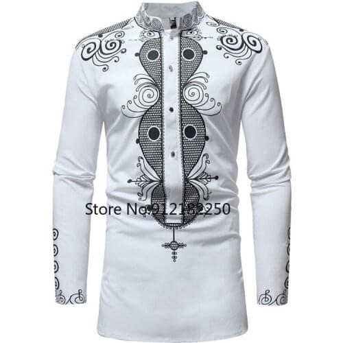 African Tribal Dashiki Longline Shirt 2021 Brand New Long Sleeve Mandarin Collar Dress Shirt Men African Clothing Camisa Hombre