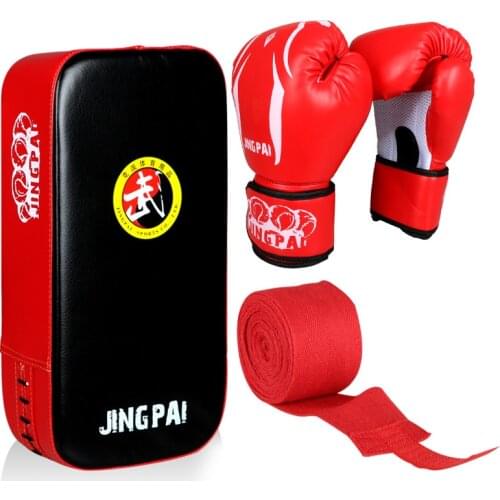 GINGPAI MMA Boxing Gloves+Foot Hand Target Pad +Hand Wraps One Set Leather Sport Fitness Boxing Taekwondo Training Sandbag Glove