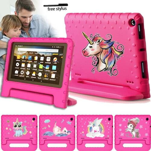 For Amazon Fire HD 8/Fire HD 8 Plus Tablet Case Kids Shockproof EVA Cover Handle Stand Case for Amazon Fire 7 + Free Stylus