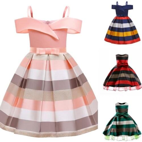 Girls Kids Straps Stripe 2021 New Girls Dress Shoulder off Big Girls Kids Summer Casual Dress Holiday Christmas Clothes
