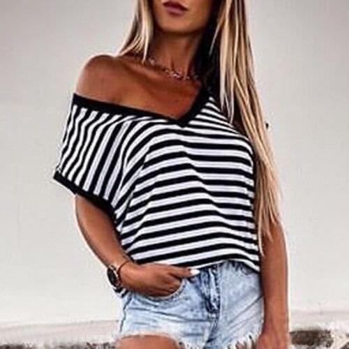 Womens T-Shirts Casual Summer Striped Cute V Neck Short Sleeve T-Shirt Harajuku Casual Vintage Elegant Pullover Tee Tops