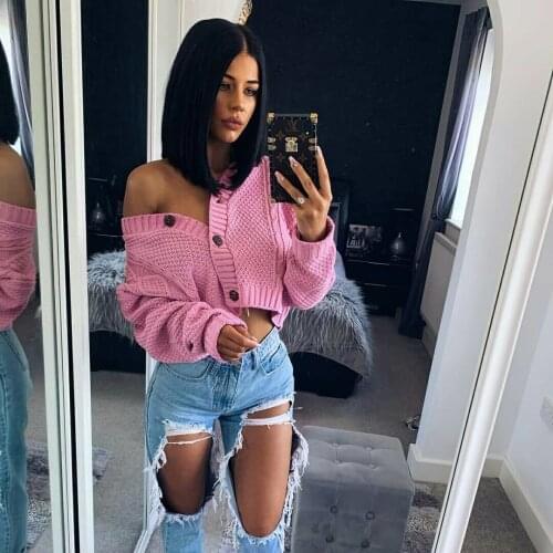 New Chic Women Cropped Cardigan Sweater Fall Spring 2020 Knitwear Short Cardigan Girl Long Sleeve Twist Crochet Top Pull Femme