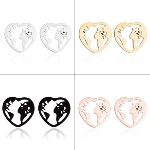 Korean Love Heart Map Earrings Brincos Stud Earring For Women World Map Simple Lady Gold Cute Earring For Men Hiphop Jewelry