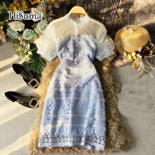 HISUMA 2020 summer new women O-neck puff sleeve single breasted gauze stitching lace fairy dress female elegant sheath dresses