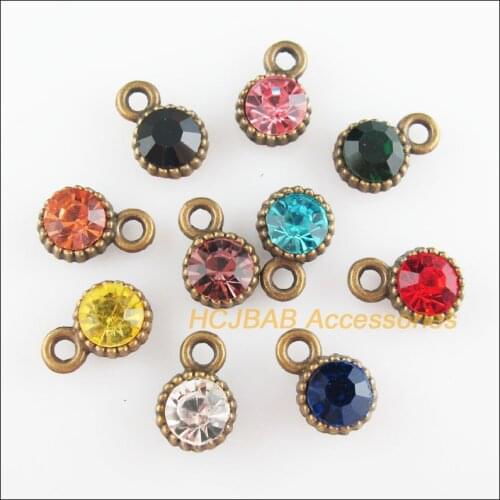 Fashion 20Pcs New Round Charms Antiqued Bronze Plated Flower Mixed Crystal Pendants 8.5x13mm