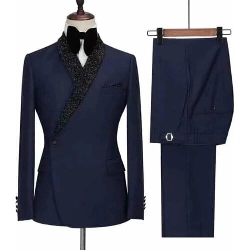 Costume Homme Navy Blue Men Suits Double Breasted Black Lapel Wedding Groom Tuxedo Terno Masculino Slim Fit Prom Blazer 2 Pieces
