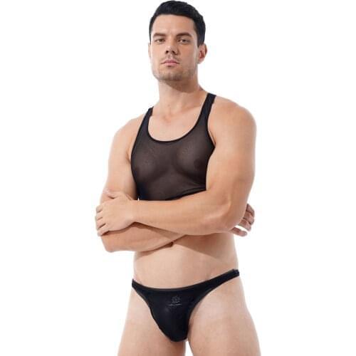 Men Mesh Pajama Suit See-through Plus Size Two-Piece Lingerie Set Loungewear Cropped Tank Top with Low Waist Thongs Briefs New