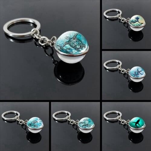 New Turtle Dolphin Shell Glass Ball Keychain Glass Ball Convex Jewelry Keychain Marine Souvenir Pendant Gift