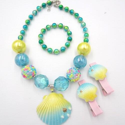 New Style Cute Kids Girl Gift Chunky Necklace Shell Charm 20MM Rhinestone Bubblegum Necklace Bracelet Hairclip Set Toy For Child