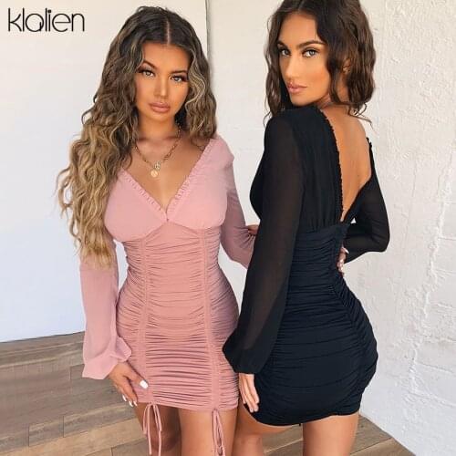KLALIEN Mesh Long Sleeve V-Neck Solid Sexy Slim Drawstring Ruched Lady Dress 2019 Autumn Sexy Party Night Dresses Women