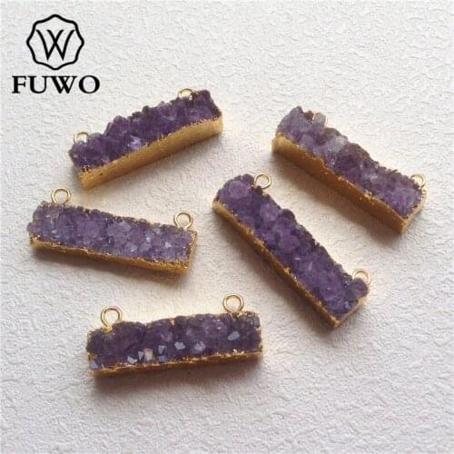 FUWO Natural Double Bails Amethysts Bar Pendant With 24K Gold Filled Edge Rough Purple Quartz Cluster Jewelry Wholesale PD193