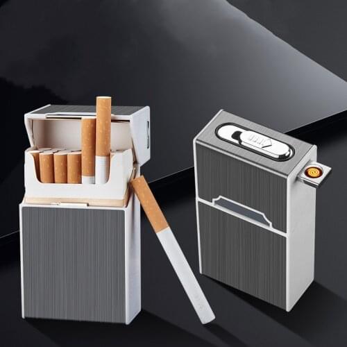 Portable 20pcs Cigarette Holder Waterproof Cigarette Box USB Charging Flameless Windproof Lighter Men Gifts
