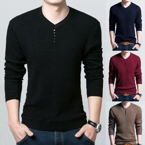 Casual Men Autumn Acrylic Fiber Long Sleeve V Neck Solid Color Buttons Pullover Blouse Top Men Clothing Comfortable daily wear