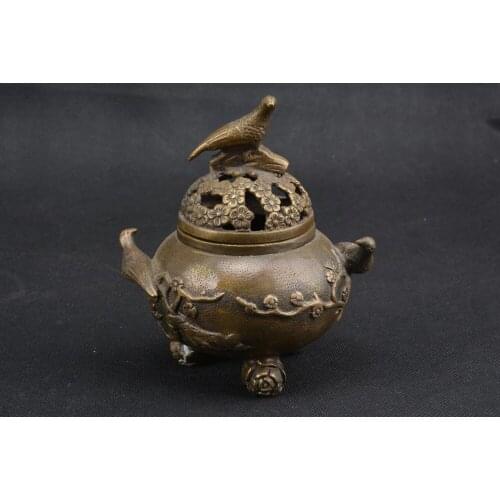 Rare QingDynasty brass incense burner, birds,Hand-painted crafts,Collection&Adornment,Free shipping