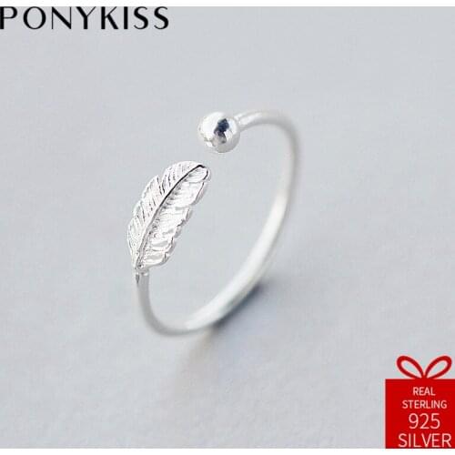 PONYKISS Romantic 100% 925 Sterling Silver Adjustable Opening Cute Feather Ring Fine Jewelry Women Birthday Party Creative Gift