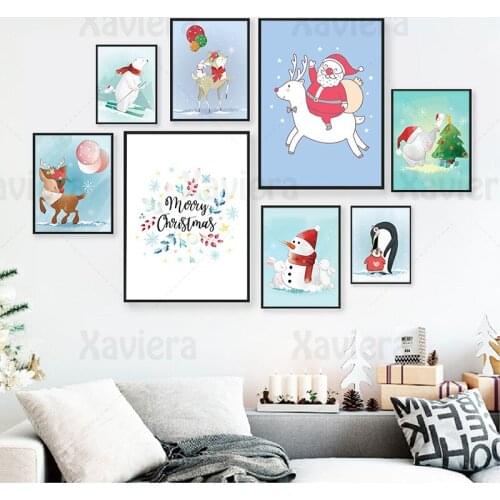 Christmas Theme Cartoon Animal Canvas Painting Merry Christmas Minimalist Art Poster Holiday Gift Decoration Children Room Wall