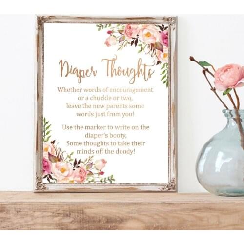 Rose Gold Diaper Thoughts Game Prints Boho Floral Write on Diaper Thoughts Activity Poster Art Canvas Painting Wall Art Decor