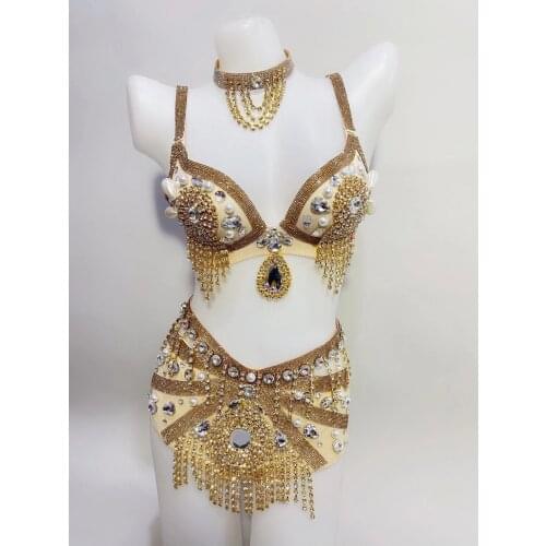 Sexy Rhinestone Fringe pearl Bra Short Women Dancer DS Bar Bikini Stage Wear Prom Evening Show Outfit Set