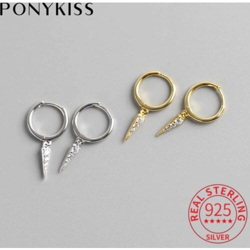 PONYKISS Real 925 Sterling Silver Zircon Drop Triangle Geometric Hot Fashion Hoop Earrings Women Party Trendy Accessory Gift