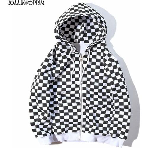 Hip Hop Men Checkerboard Pattern Zip Up Hoodies Streetwear Mens Black & White Plaid Hooded Sweatshirts Fleece Inside
