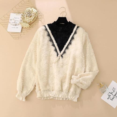 2021 Women Lace Patchwork Hollow Shirt Female Long Sleeve Turtleneck Mesh Blouse Ladies Spring Fashion White Vintage Tops H1234