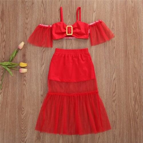 1-6Y Fashion Baby Girls Summer Clothes Kids Lace Off Shoulder Mesh Tube Tops+Maxi Skirts Children Outfit Sets