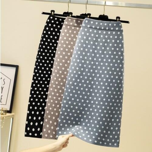 AOSSVIAO Knitted Half-length Skirt Womens High waist One-step Skirt Autumn And Winter Hip Skirt Open-forked Elegant Dots Skirts