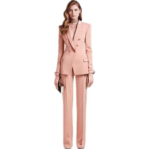 Custom Made 2020 Women Business Suits Double Breasted Female Office Uniform Ladies Formal Trouser Suit Flesh Pink 2 Piece Set