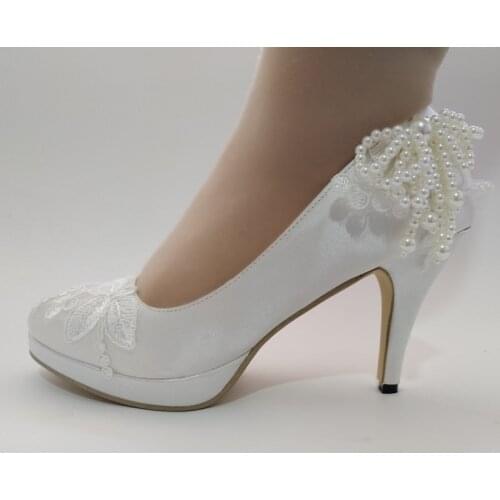 BaoYaFang White lace pearl high heel bridal dress shoes Beaded round head thin heel womens single shoes