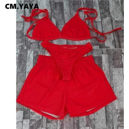 CM.YAYA Women Bikinis Set Solid Bandage Bra Low Waist Paties Mini Shorts Three Piece Set Sexy Swimsuit Summer Beachwear Outfits