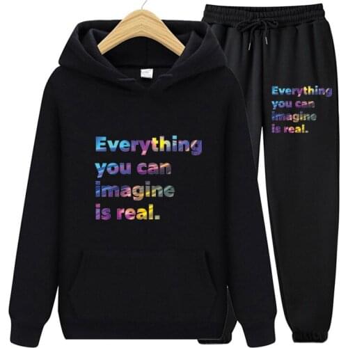 2021 Autumn Winter Fashion Oversized Women Black Two Piece Sets Letter Printing Hooded Sweatshirts And Jogging Pants Sport Suits