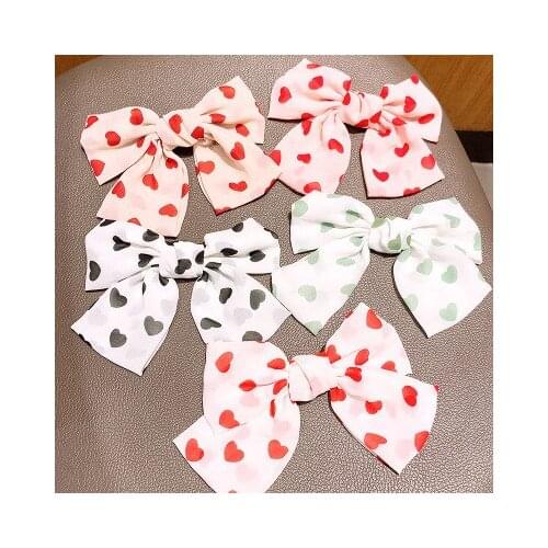 1Piece Chiffon Hair Bows With Clip For Baby Girls Printed heart Hair Clips Handmade Barrette Headwear Hair Accessories