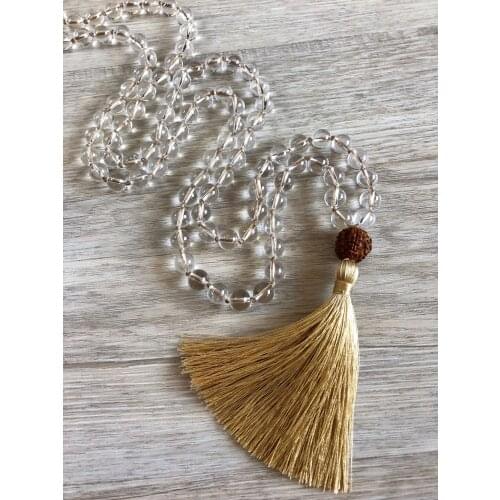 108 Mala Bead Necklace White Quartz Necklace Knotted tassel Necklaces Prayer Yoga jewelry Rudraksha Meditation Mala Necklaces