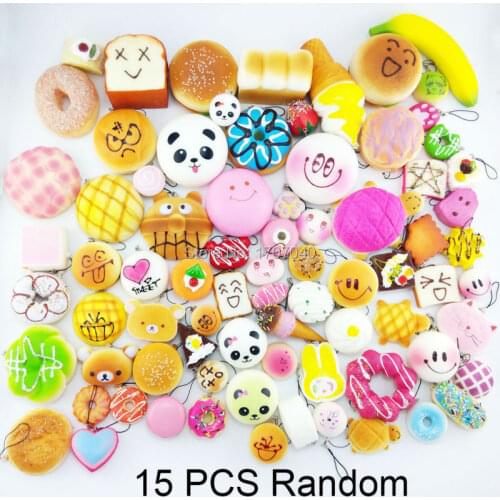 15PCS Random Squishy Donuts/Panda Bread/Toast/Buns/Expression Food Toys 3+4+8 Mixed
