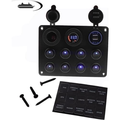 8 Gang 12-24V Push Button Toggle Switch Panel With Dual USB Charger Circuit Breaker For Car Boat RV Truck ATV UTV Camper Caravan
