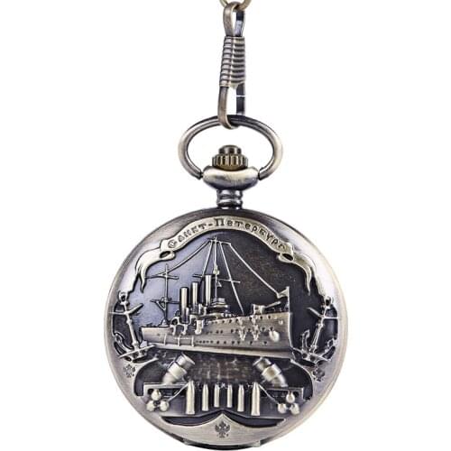 9063Large bronze embossed cruise ship pocket watch European and American style pirate ship retro thick chain pocket watch