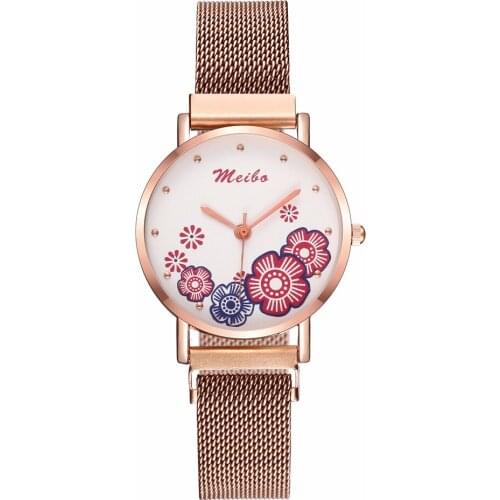 2019 Hot Sale Women Watches Magnet Buckle Flower Watch Luxury Ladies Stainless Steel Mesh Belt Quartz Watch MEIBO Clock Watch