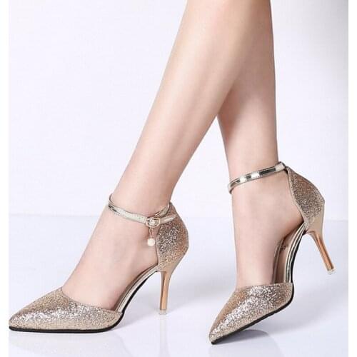 Rimocy elegant ladies shinning glitter gold silver pumps 2019 sexy pointed toe high heels ankle strap wedding party shoes woman