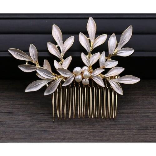 Gold Color Leaf Pearl Hair Combs Women Hair Jewelry Accessories Head Decoration Wedding Hair Ornament Plant Style Combs