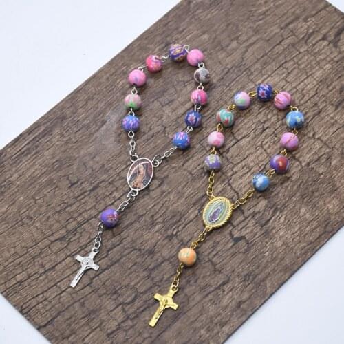 Catholic Rosary Bracelet Colorful Faience Clay Beads Favor Christening Bracelets Shower Baptism Souvenir Jesus Crucifix Cross