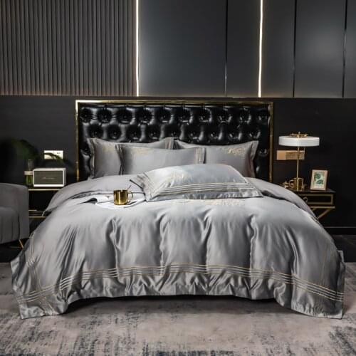 Gray Embroidery Satin Washed Silk Bedding Set Cotton Duvet Cover Bed Linen Fitted Sheet Pillowcases Bedclothes King Queen Size